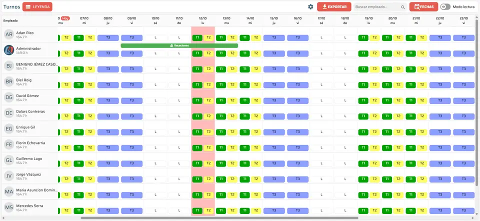 Editor de turnos y gestión de turnos en DataControl